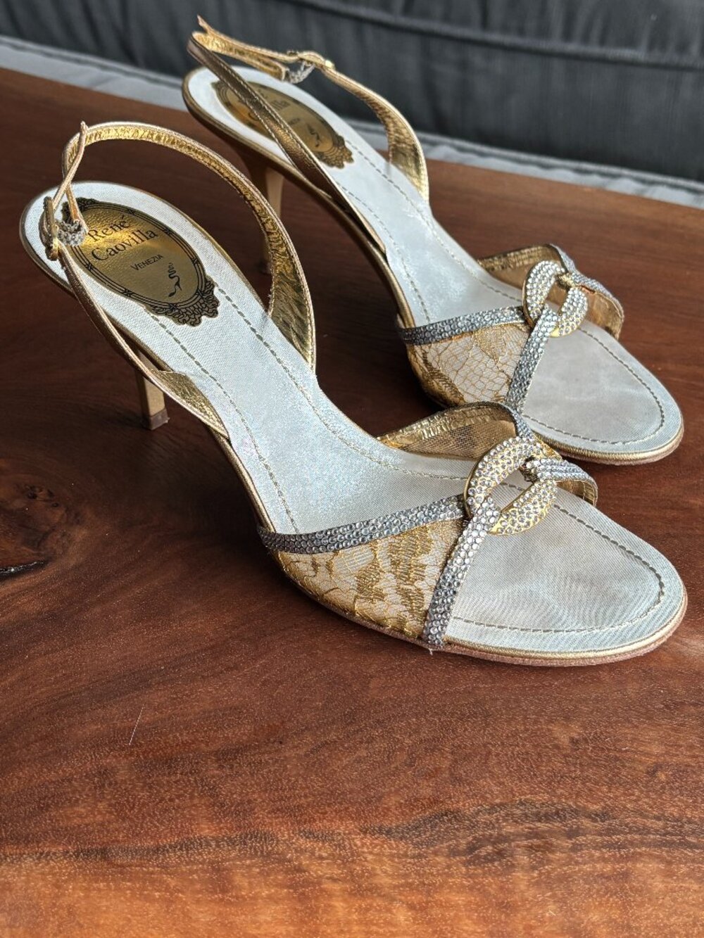 René Caovilla Gold Lace Crystal Slingback Sandal Heels 37.5 (7 - 7.5 US)